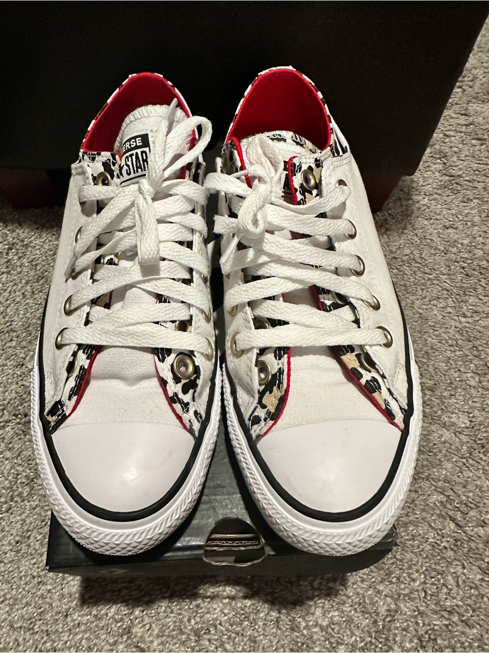 Converse Women White Low-Top Sneakers with Red Lining & Leopard Accents